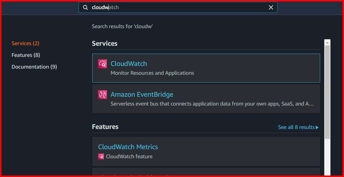 Picture showing search the cloudwatch services in the search box